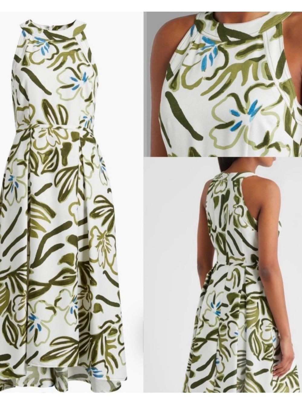 Tahari  Sleeveless White Floral A-Line Dress with Olive and Blue Print size 10